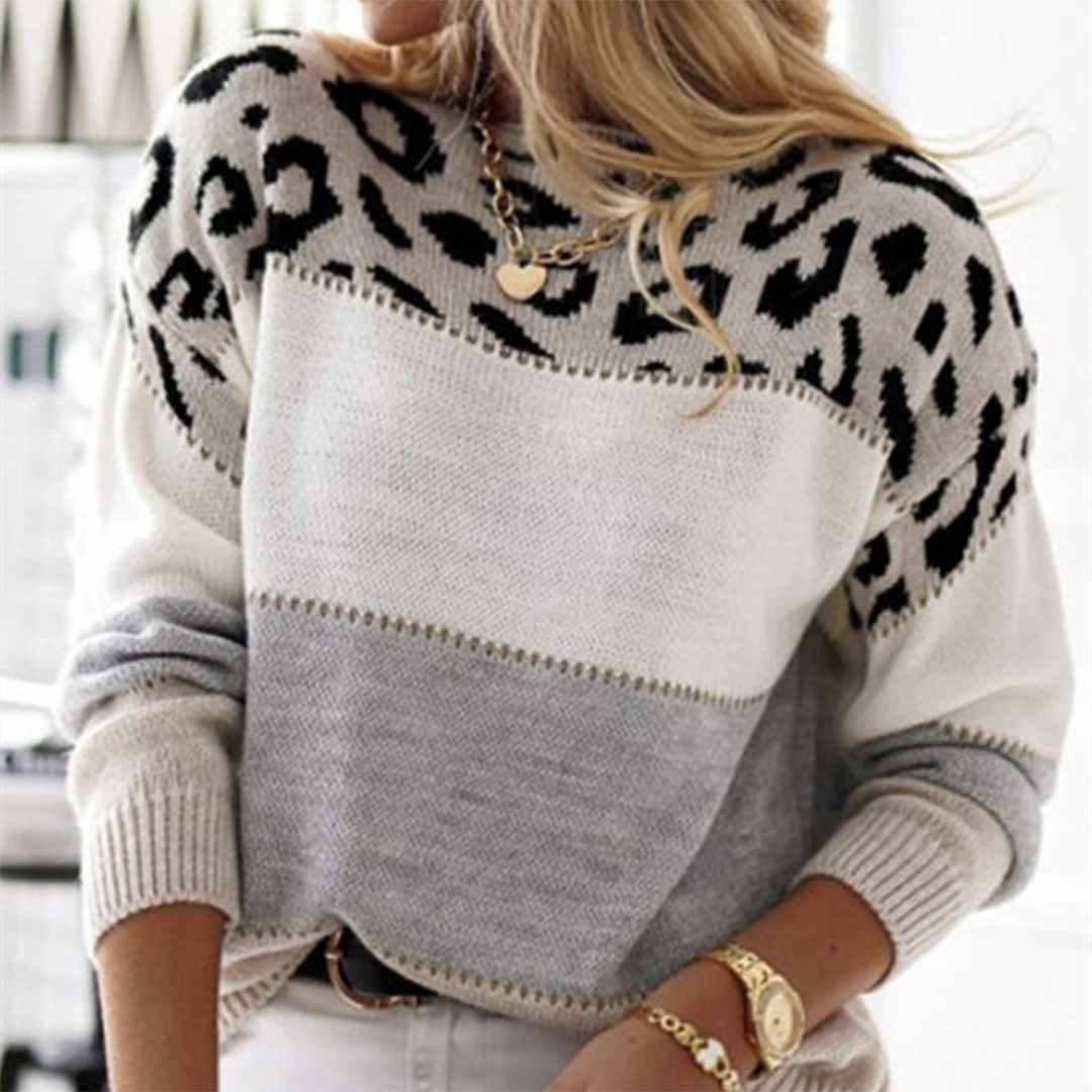 Voorkant grijze lange leuke trui met luipaard print voor dames