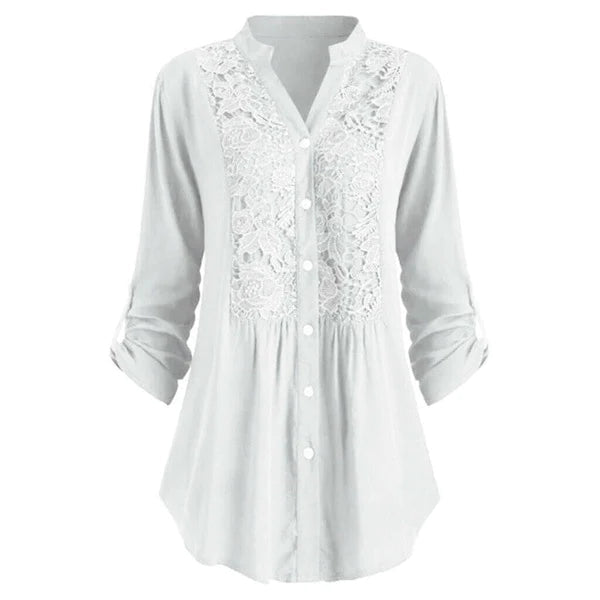 Voorkant witte lange blouse met pofmouwen voor dames