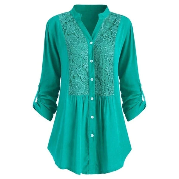 Voorkant blauwgroene lange blouse met pofmouwen voor dames