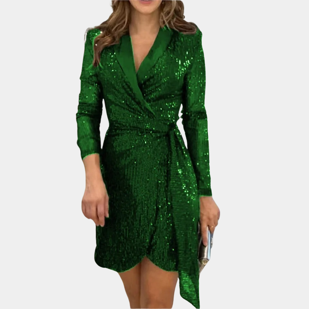 Groene elegante dames blazerjurk met ceintuur en glitter