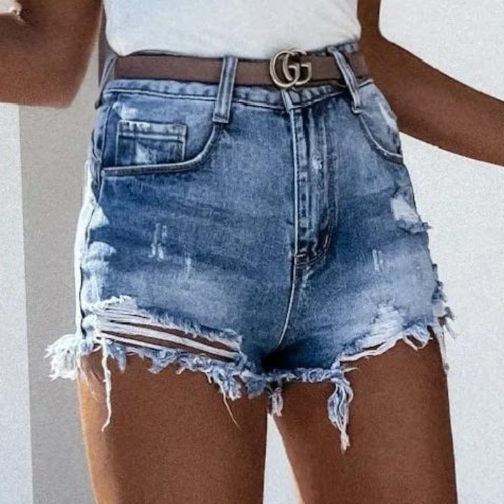 Denis - Hoge Taille Ripped Denim Shorts met Geweven Franje