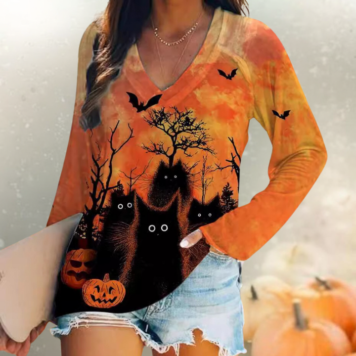 Rella - Dames T-shirt met Halloween Kat opdruk