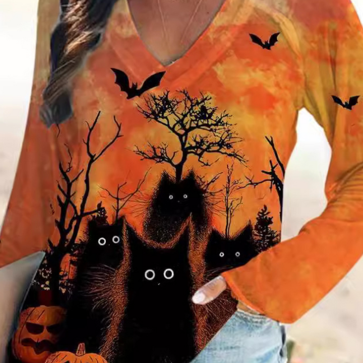 Rella - Dames T-shirt met Halloween Kat opdruk