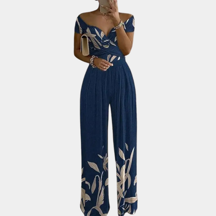 Blauwe stijlvolle off-shoulder jumpsuit voor dames met bladeren