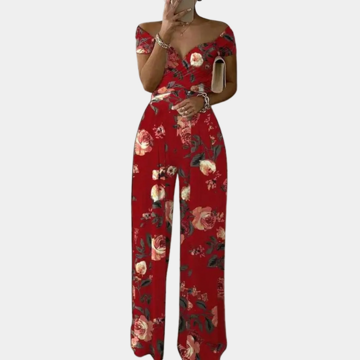 Rode stijlvolle off-shoulder jumpsuit voor dames met bloemenprint