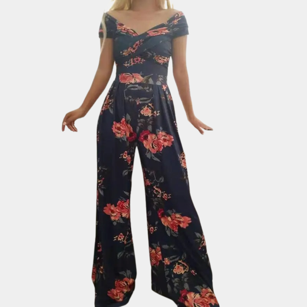 Blauwe stijlvolle off-shoulder jumpsuit voor dames met bloemenprint