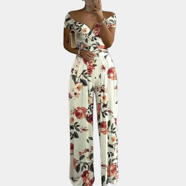 Witte stijlvolle off-shoulder jumpsuit voor dames met bloemenprint