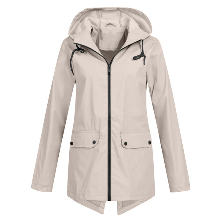 Voorkant beige lange regenjas met capuchon voor dames