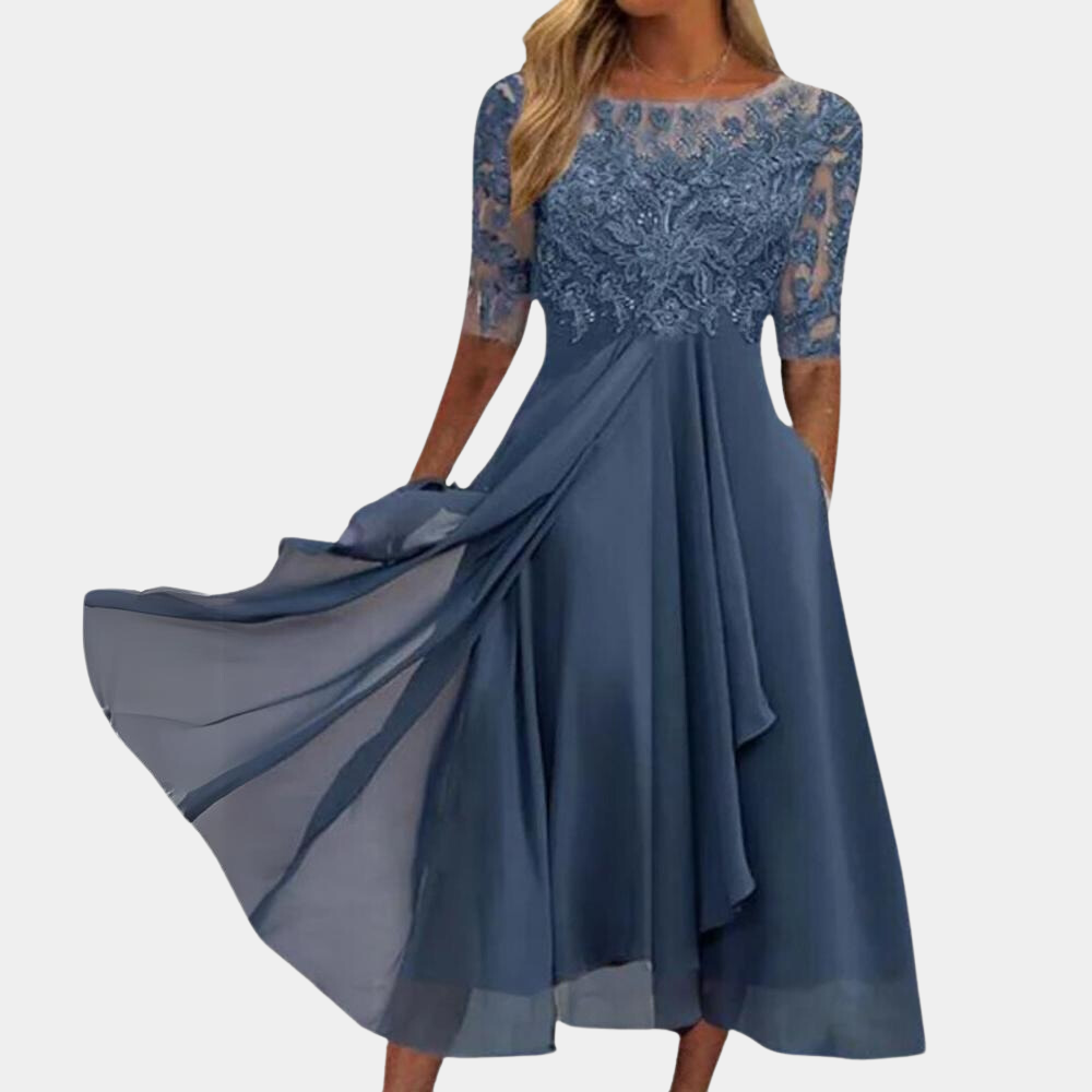 Blauwe lange jurk met korte mouw voor dames