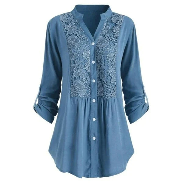 Voorkant blauwe lange blouse met pofmouwen voor dames