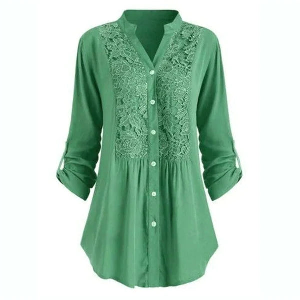 Voorkant groene lange blouse met pofmouwen voor dames