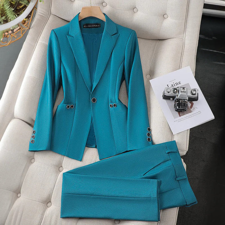 Voorkant blauwe dress blazer set en broek voor dames