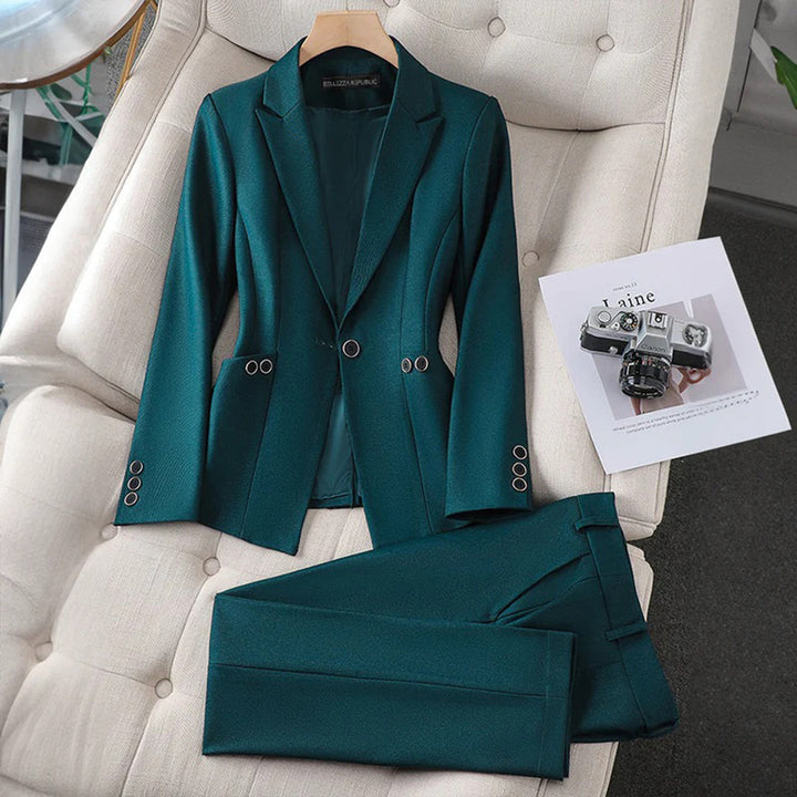 Voorkant groene dress blazer set en broek voor dames