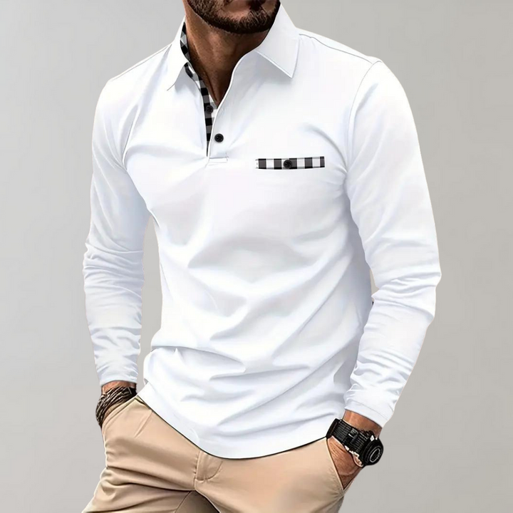 Witte heren polo shirt met lange mouwen en kraag