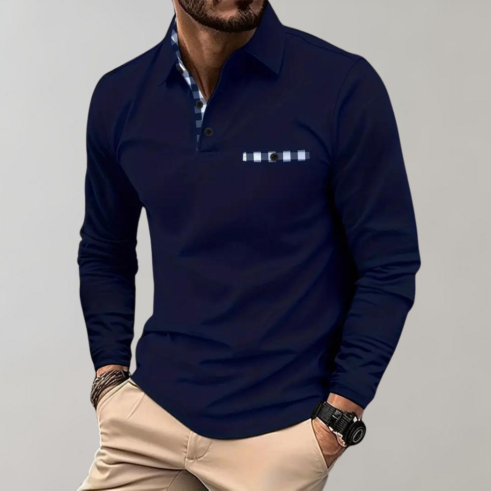 Donkerblauwe heren polo shirt met lange mouwen en kraag