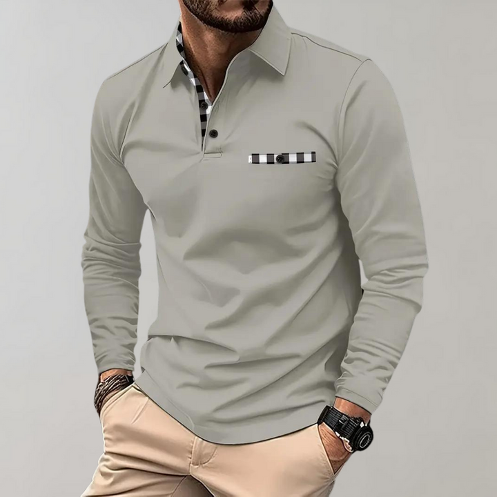 Grijze heren polo shirt met lange mouwen en kraag