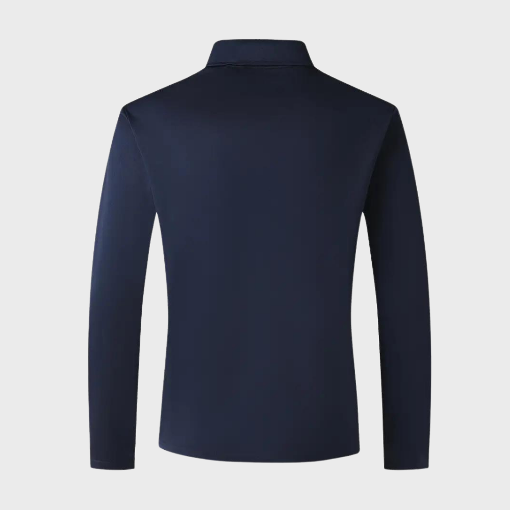 Achterkant donkerblauwe heren polo shirt met lange mouwen en kraag