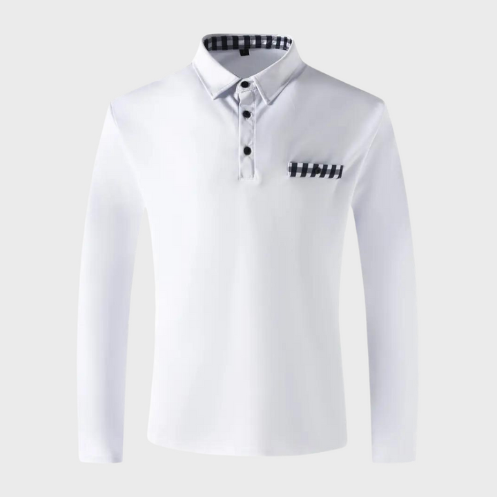 Witte heren polo shirt met lange mouwen en kraag