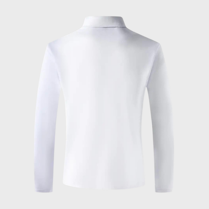 Achterkant witte heren polo shirt met lange mouwen en kraag