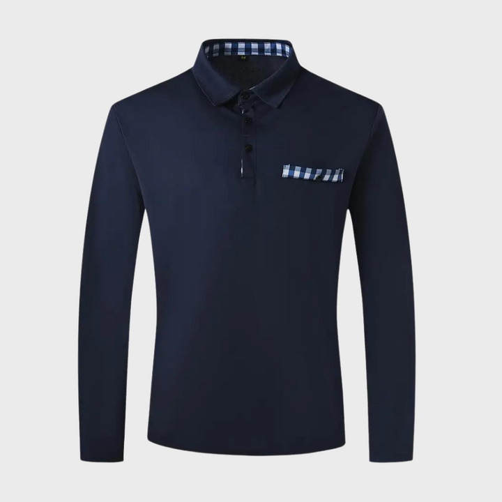 Donkerblauwe heren polo shirt met lange mouwen en kraag