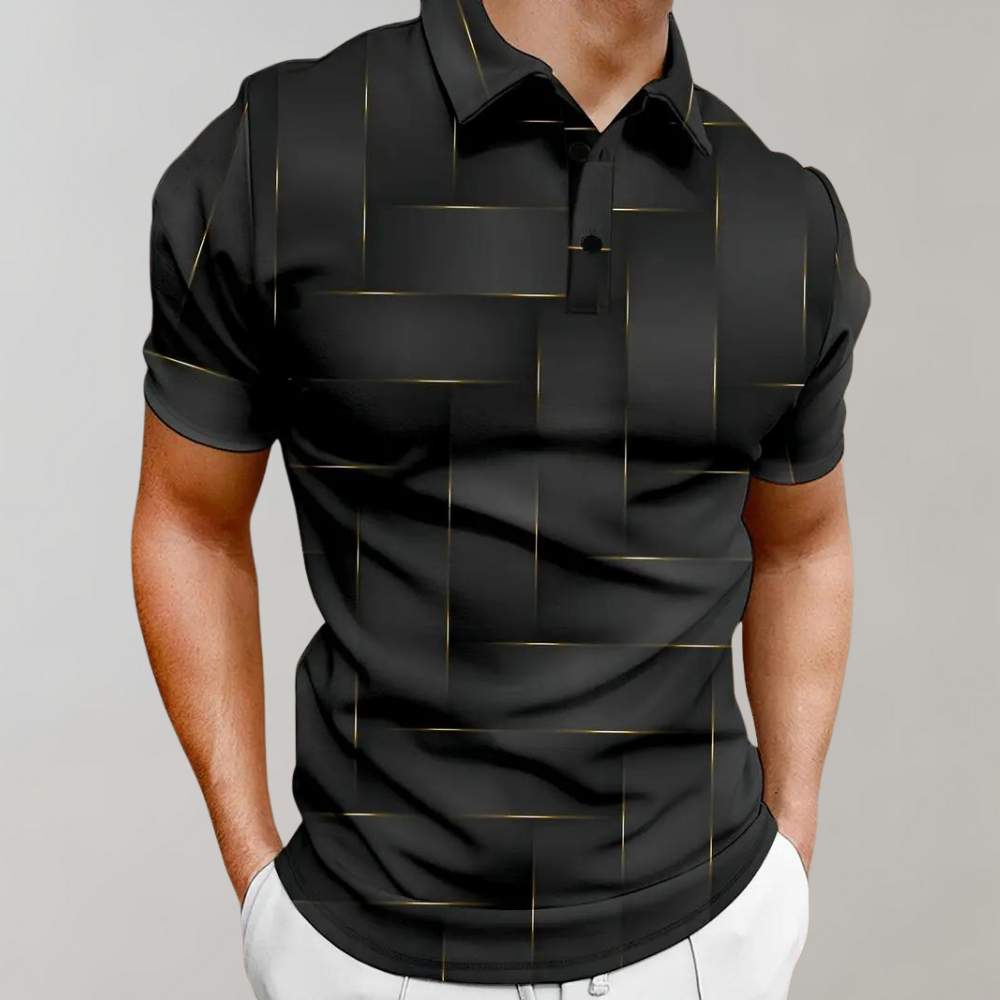 Zwarte heren polo shirt met print, knopen en korte mouw