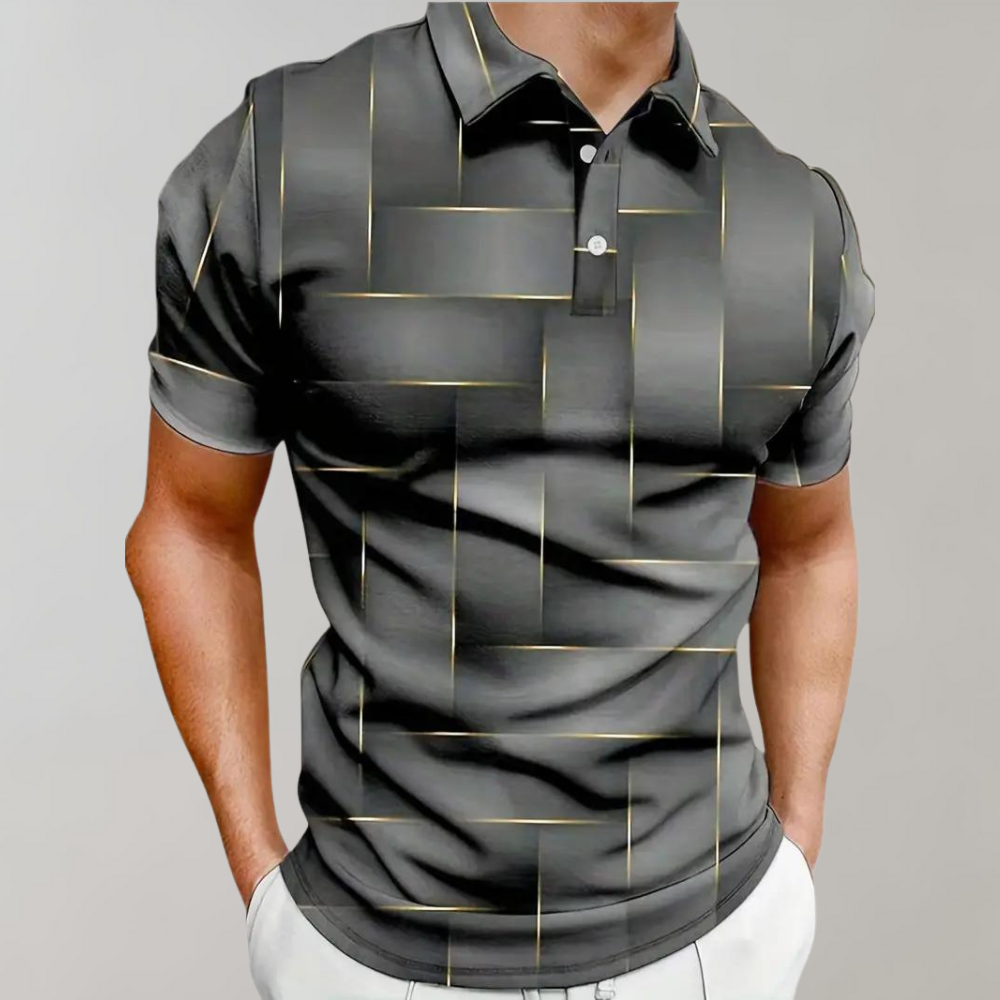 Grijs heren polo shirt met print, knopen en korte mouw