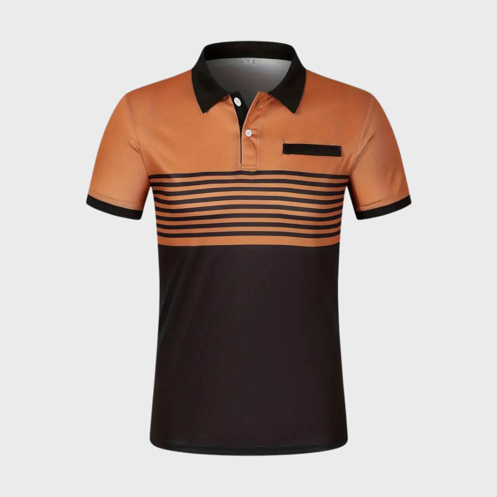 Oranje gestreepte heren poloshirt met korte mouwen, knopen en kraag