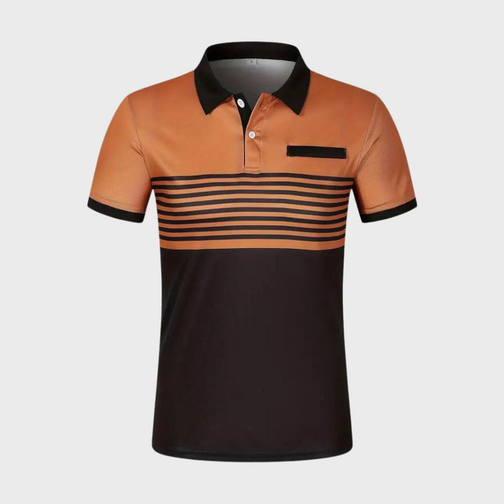 Oranje gestreepte heren poloshirt met korte mouwen, knopen en kraag