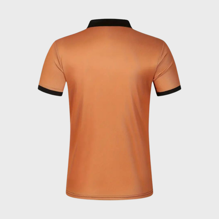 Oranje gestreepte heren poloshirt met korte mouwen, knopen en kraag