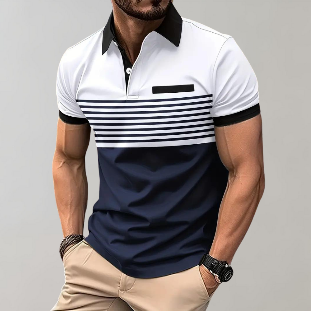 Wit gestreepte heren poloshirt met korte mouwen, knopen en kraag