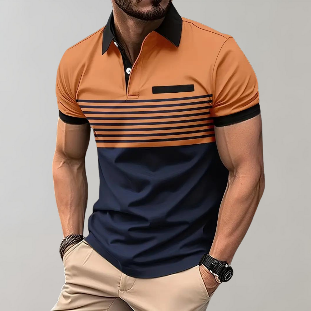 Oranje gestreepte heren poloshirt met korte mouwen, knopen en kraag