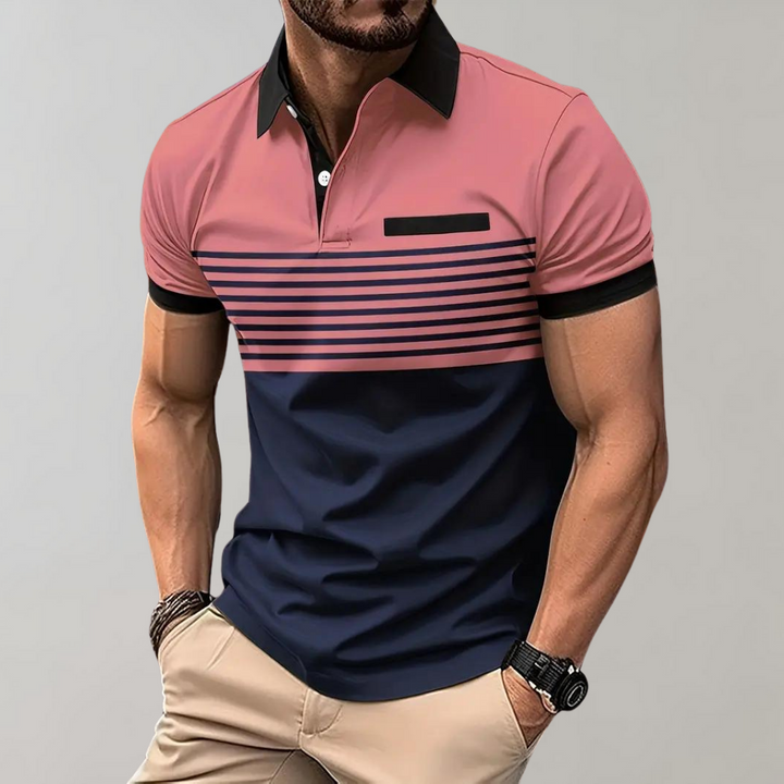 Roze gestreepte heren poloshirt met korte mouwen, knopen en kraag