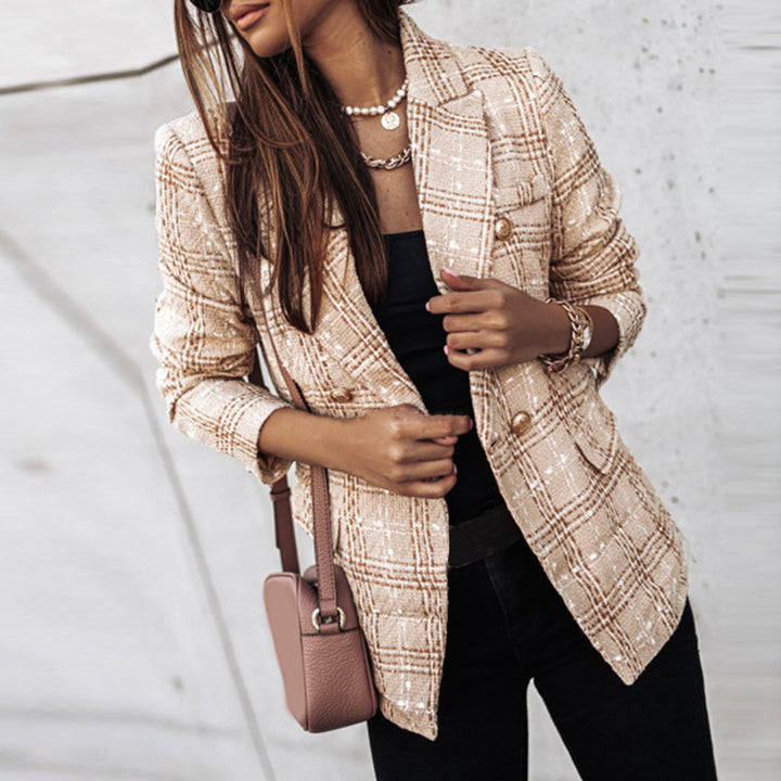 Beige blazer voor dames met patroon en gouden knopen