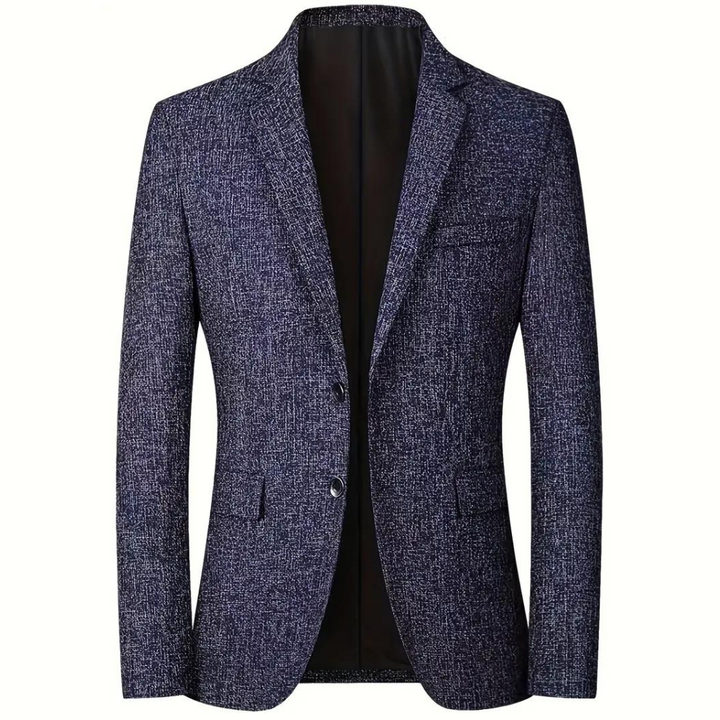 Voorkant blauwe blazer voor heren