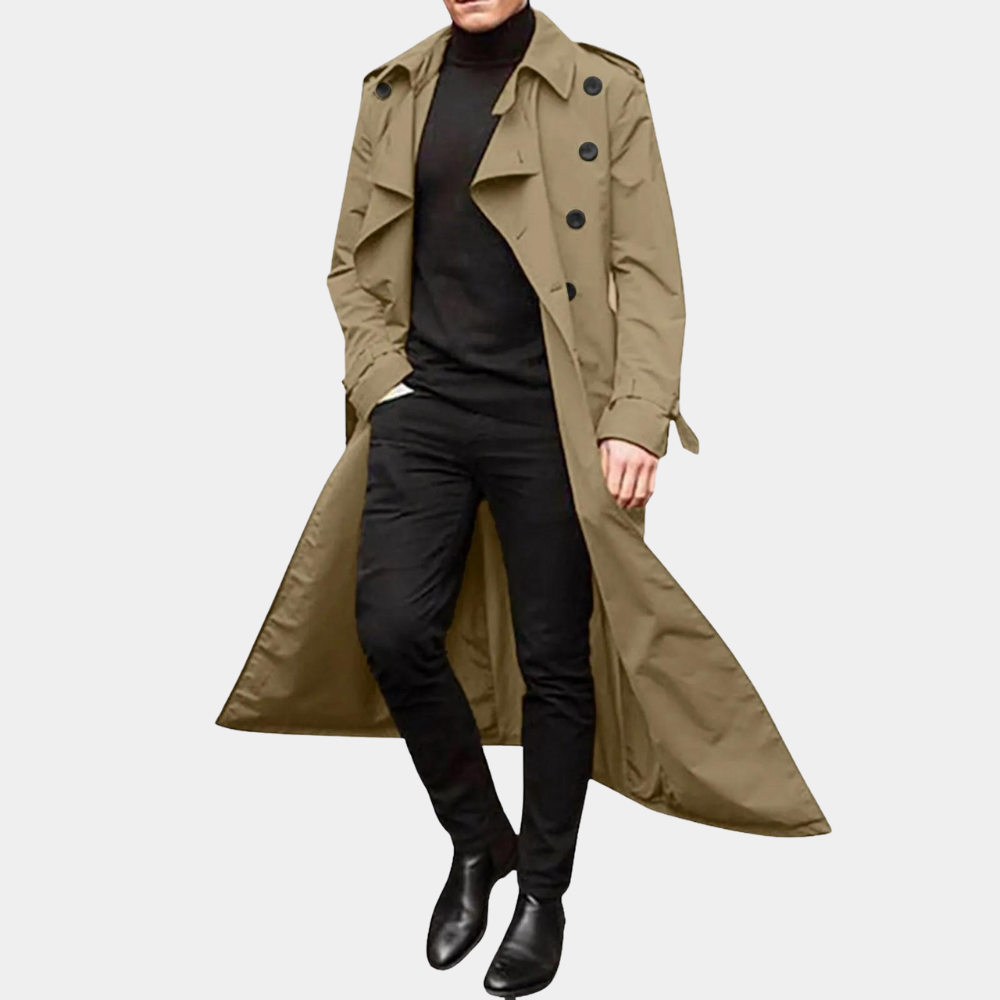 Khaki lange trenchcoat jas voor heren