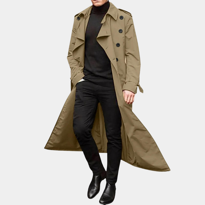 Khaki lange trenchcoat jas voor heren