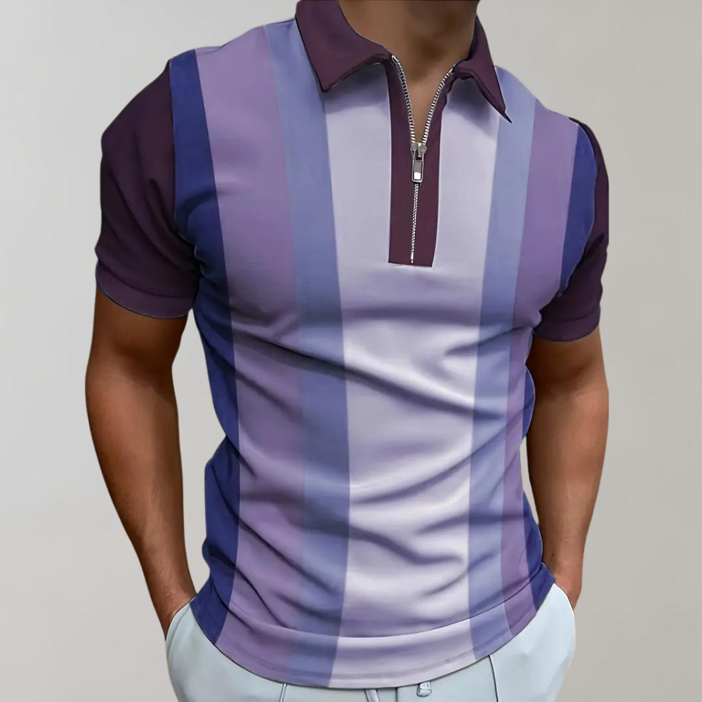 Paars gestreepte polo shirt met halve rits en kraagMouwen gestreepte polo shirt met halve rits en kraag